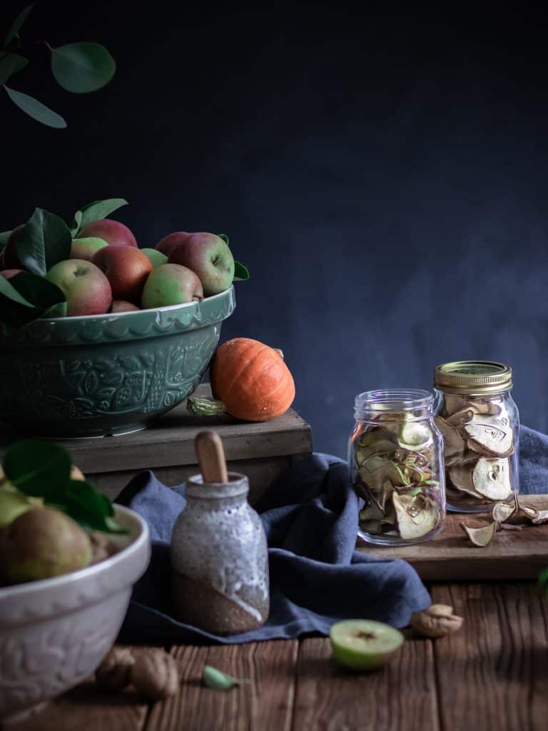 Big Mason Cash bowls of fruit beside two jars of dehydrated apple and pears. Image by Emma Lee -TheIrishmansWife.com