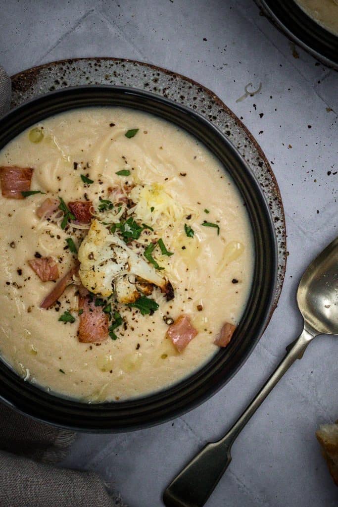 cheesy cauliflower and leek soup  in a bowl