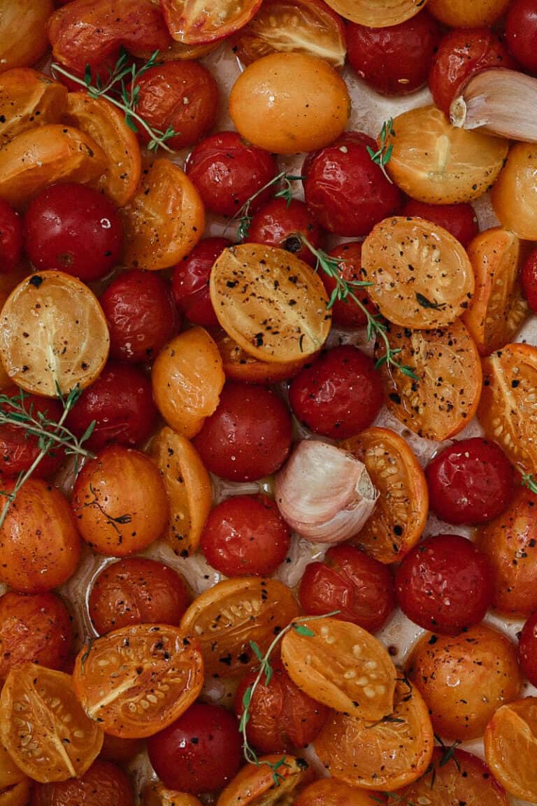 a close up of a tray of slow roasted tomatoes.