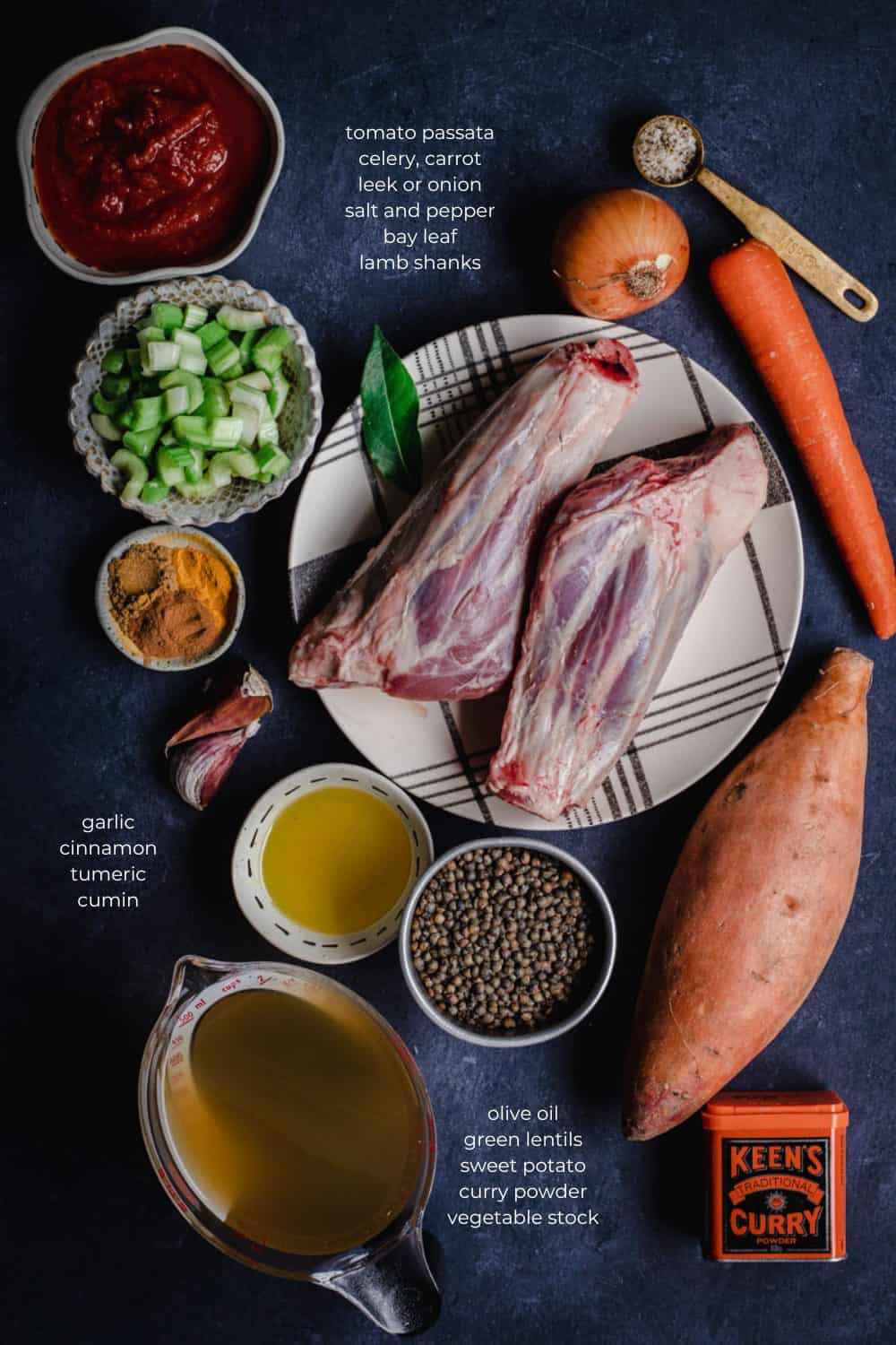 ingredients needed to cook slow cooked lamb shank soup.