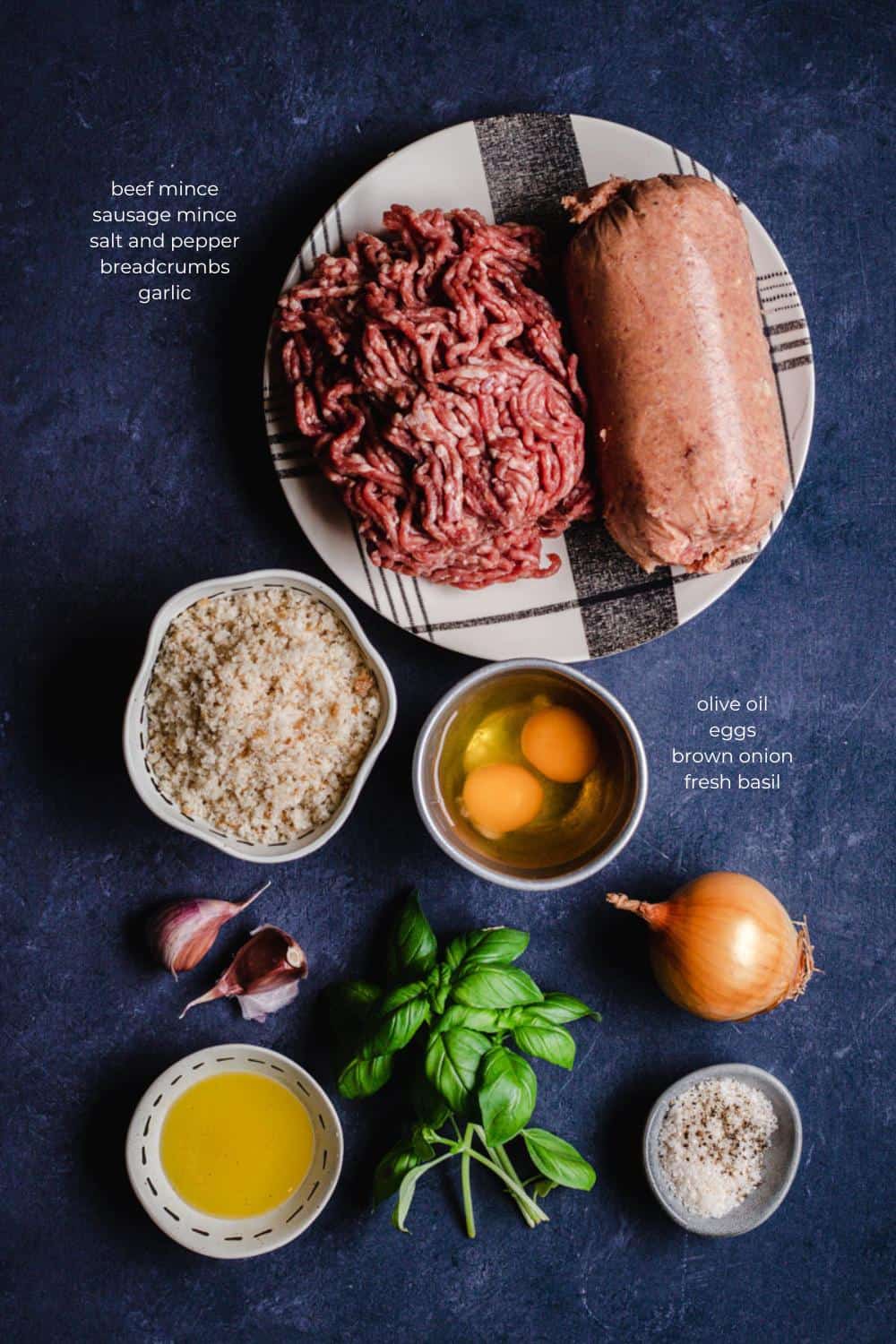 All the ingredients you need to make the best ever beef rissoles on a bench.