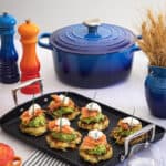 Grilled potato rosti with smashed avocado and creme fraiche on a Le Creuset grill pan