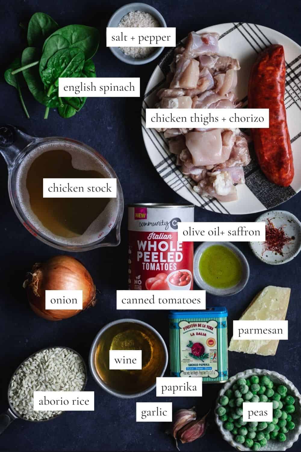 All the ingredients you need to make a chicken and chorizo risotto.