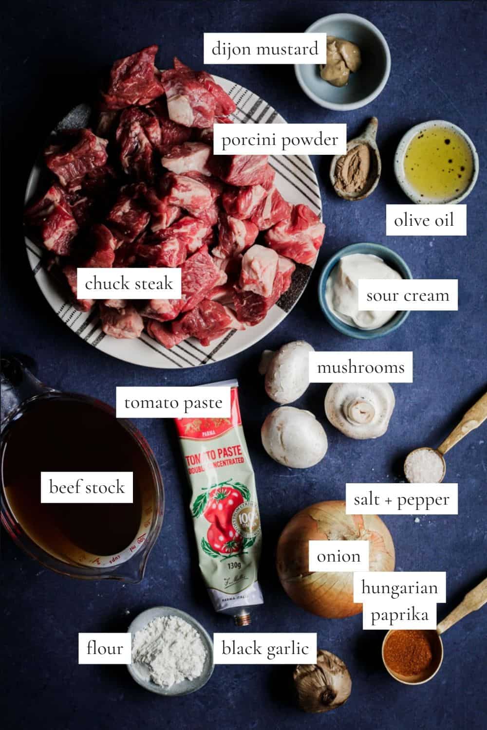 All the ingredients you need to make Dutch oven beef stroganoff.