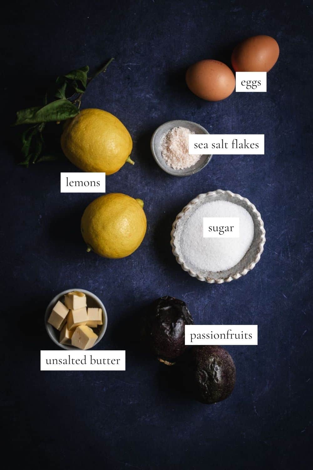 All the ingredients you need to make a jar of lemon and passionfruit curd.