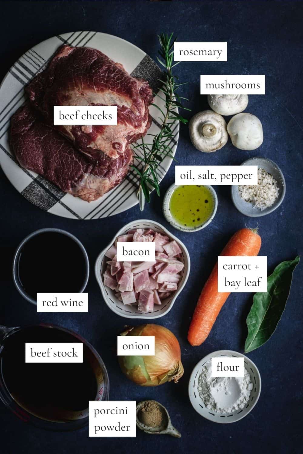 All the ingredients you need to make slow cooked beef cheeks in red wine.