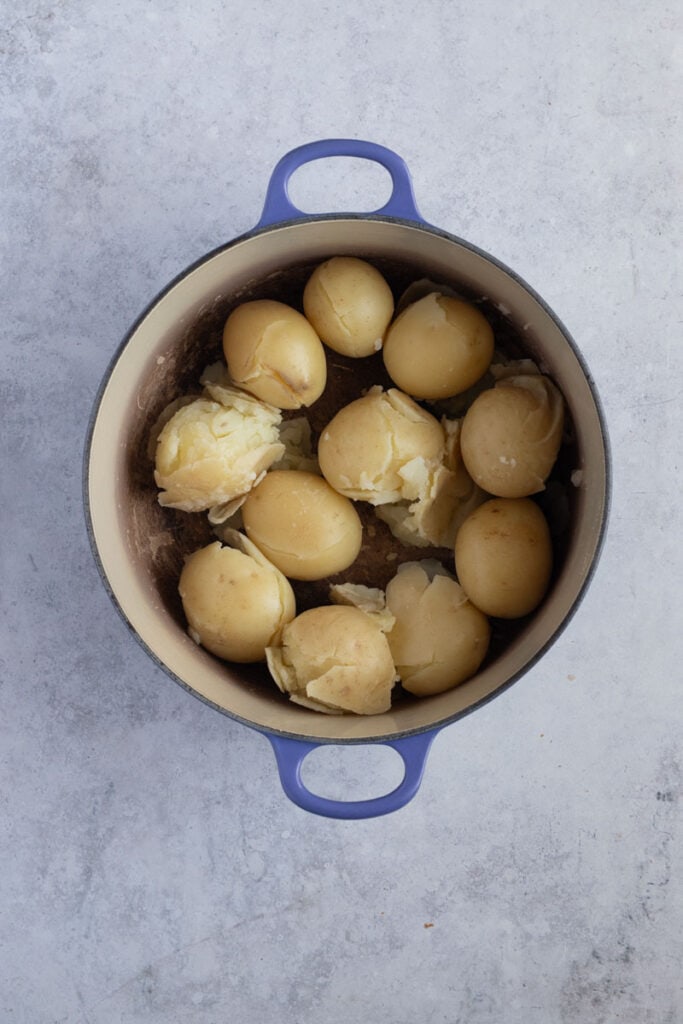 A pot of boiled potatoes.