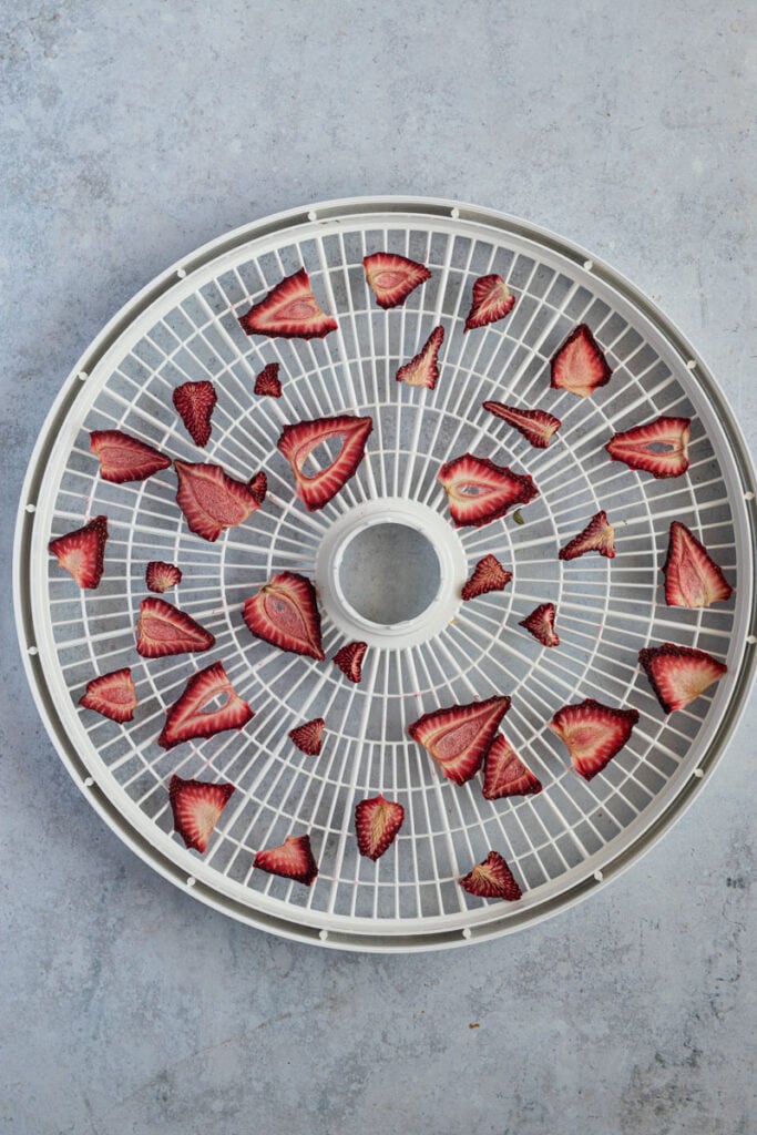 A dehydrator rack full of dehdrated strawberry slices.