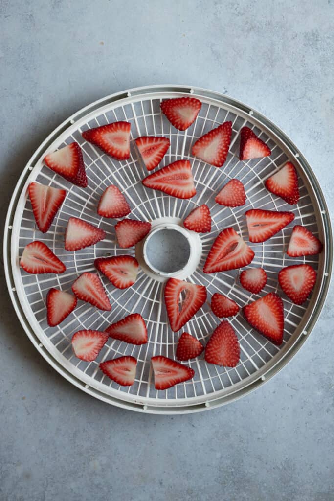 A dehydrator rack full of sliced strawberries ready to dehydrate.