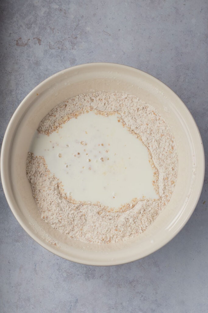 Buttermilk is added to the dry ingredients.